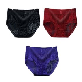 3 Pcs Lace Sexy Bikini Panties Rose Mesh Underwear High Waist Plus Size Panties for Women Pack,Wine Red Royal Blue Black