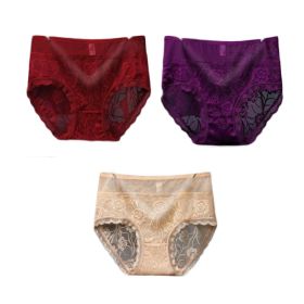 3 Pcs Lace Sexy Bikini Panties Rose Mesh Underwear High Waist Plus Size Panties for Women Pack,Wine Red Purple Beige
