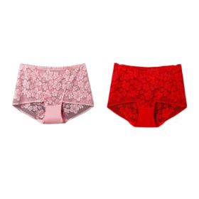 2 Pcs Women Lace Sexy Bikini Panties Pack Flower Mesh Underwear Plus Size Boyshorts Panties,Pink Red