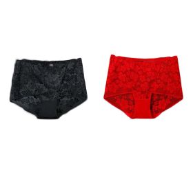 2 Pcs Women Lace Sexy Bikini Panties Pack Flower Mesh Underwear Plus Size Boyshorts Panties,Black Red