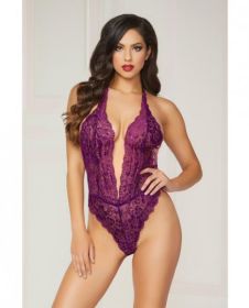 Floral Lace Teddy Halter Ties &amp; Snap Crotch Purple O/S