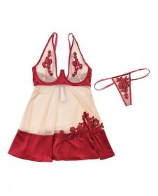 Nylon, Satin Babydoll Underwire Cups &amp; G-String Red Nude 3X/4X