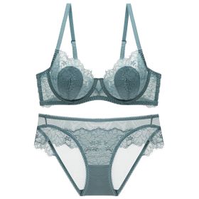 Lace Thin Transparent Bra Women's Underwear Plus Size Suit (Option: Gray Blue-70A)