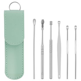 Stainless Steel 6-piece Set Earpick 360 Degree Spiral Cleaning Earwax Tool (Option: 6 Piece Set Green Leather 22g)