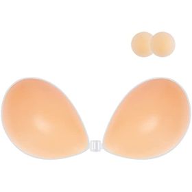 Adhesive Bra Strapless Sticky Invisible Push up Silicone Bra for Backless Dress with Nipple Covers (Color: Creme, Cup Size: F)