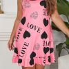 Plus Size Heart Print Ruffle Hem Cami Nightdress; Women's Plus Slight Stretch Sleepwear; Loungewear