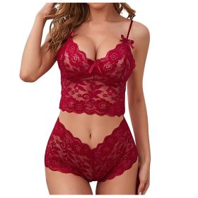 Sexy Women Lingerie Set Thin Lace Flower Printed Underwear Suit Female Adjustable Shoulder Strap Triangle Cup Bralettle (Color: red set, Cup Size: L)