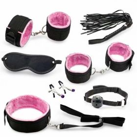 SM Bondage Restraint Set Sex Handcuffs Whip Anal Beads Butt Plug Anal Plug Bullet Vibrator Sex Toys for Woman Adult S&M Fetish (Color: nylon-Pink-7pcs)