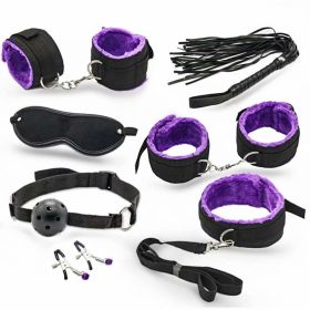 SM Bondage Restraint Set Sex Handcuffs Whip Anal Beads Butt Plug Anal Plug Bullet Vibrator Sex Toys for Woman Adult S&M Fetish (Color: nylon-purple-7pcs)