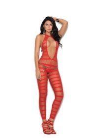 Opaque Net Striped Bodystocking Open Crotch Red O/S (SKU: ELM1632R)