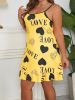 Plus Size Heart Print Ruffle Hem Cami Nightdress; Women's Plus Slight Stretch Sleepwear; Loungewear