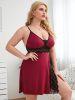 Plus Size Solid Contrast Lace Trim Cami Sexy Nightdress; Women's Plus Slight Stretch Semi Sheer Loungewear