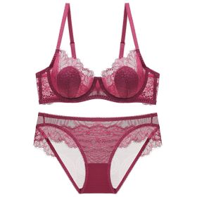 Lace Thin Transparent Bra Women's Underwear Plus Size Suit (Option: Wine Red-70B)