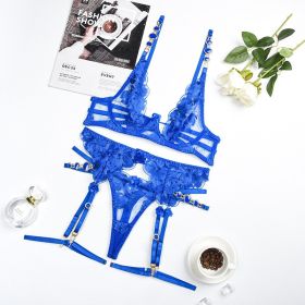 European And American Style Embroidered Bra Vintage Gem Sexy Push-up Underwear (Option: blue-M)