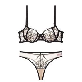 Lace Embroidered Thin Cup Push Up Comfort Bra Underwear Set (Option: Black-70C)